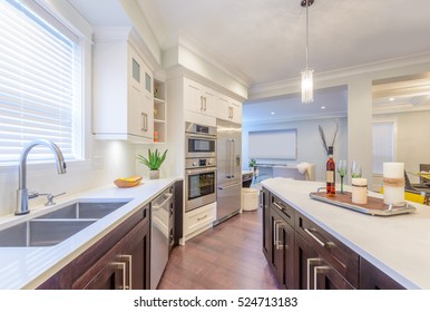 Modern, Bright, Clean, Kitchen Interior With Stainless Steel Appliances In A Luxury House