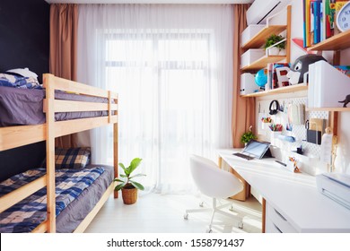 Modern Bright Kids Room With Bunk Bed And Wall Shelves