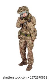 Modern British Soldier With Rifle Isolated On A White Background. Army, Military And People Concept