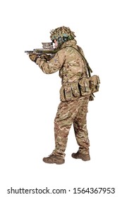 Modern British Soldier With Rifle Isolated On A White Background. Army, Military And People Concept