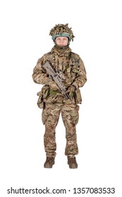 Modern British Soldier With Rifle On White Background . Army, Military And People Concept