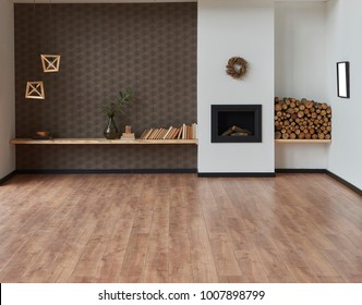 Modern Brown Living Room And Decorative Home Background Fireplace And Wood Decoration