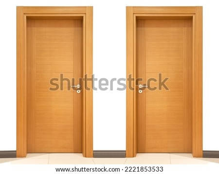 Modern brown walnut front entrance wooden two door in house or office interior, isolated transparent background