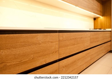 Modern Brown Wood Lacquer Paint And Oak Kitchen Big Cabinet Equipment, Luxury In A Home