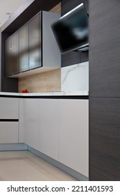 Modern Brown Wood White Lacquer Paint And Oak Kitchen Big Cabinet Equipment, Luxury In A Home