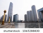 The modern building along frozen Haihe river in Tianjin, China.
