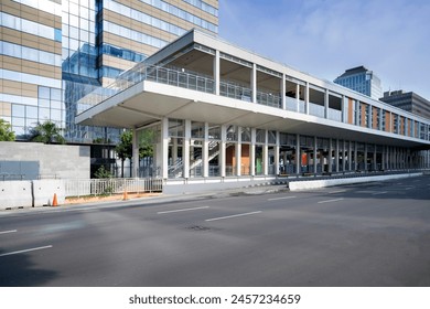 The modern building of the bus stop in Jakarta. A place for passengers to get on and off public transportation 