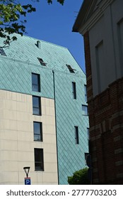 A modern building with copper sheet cladding can be seen in the distance, Kaunas, Lithuania