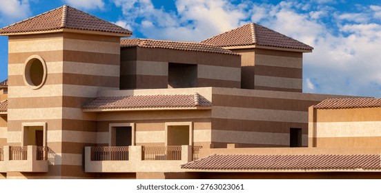 Modern building featuring striped patterns in shades of brown, highlighted by a circular window and symmetric structures. The design emphasizes geometric aesthetics and contemporary architecture.