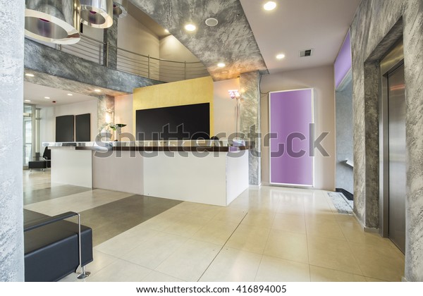 Modern Building Lobby Reception Desk Stock Photo Edit Now 416894005