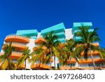 Modern building of Miami beach, Florida. Ocean drive. Miami South Beach in Ocean Drive Florida. Art Deco building architecture. Architectural building. Art deco historic district. Vibrant atmosphere