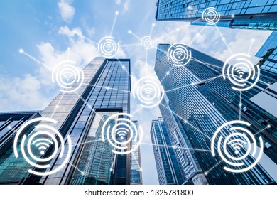 Modern buildings in blue tone with wifi icons connection, networ
