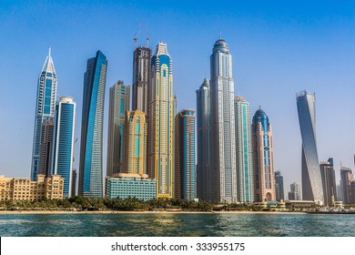 Modern Buildings In Dubai Marina, Dubai, UAE In A Summer Day