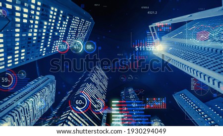 Modern buildings and financial charts. Financial technology. FinTech. Data analytics.