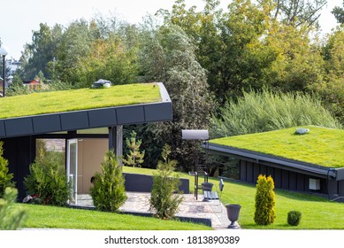 Modern buildings with lawns on the roof in the city eco park, roofs are covered with green grass. - Powered by Shutterstock