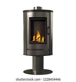 Modern burning fireplace stove isolated on white background.