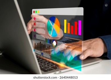 Modern business data analytics interface on laptop screen with futuristic UI, featuring pie chart, bar graph, and financial visualization for marketing, finance, and performance insights
