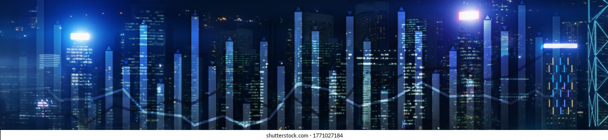 Modern Business Finance Chart Overlaid On Hong Kong Skyline At Night. Up And Down Arrow.