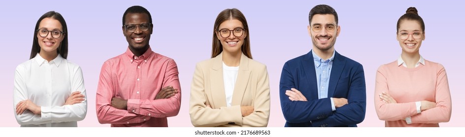 Modern Business Management Or Sales Team As A Group Of Diverse Executive People Standing With Folded Arms, Isolated On Purple Background