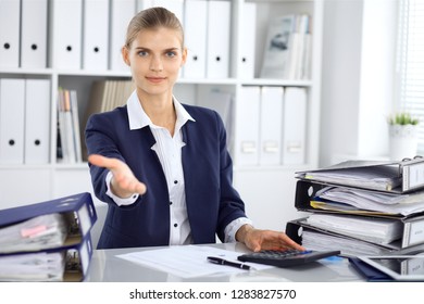 Modern Business Woman Or Confident Female Accountant Offering Helping Hand