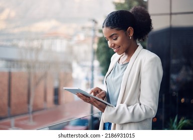 Modern Business Woman On A Tablet During A Work Break Alone Outside. Smiling Corporate Worker Looking At Web And Social Media Posts On A Balcony. Female Employee On A Digital Device With Copyspace