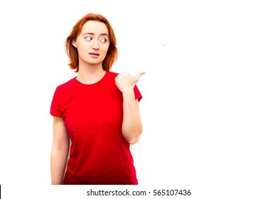 Modern Business Woman Is Pointing With Her Thumb To The Left Side, Free Space For Text. Isolated On White Background. Modern Business Concept.