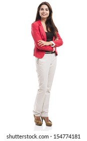 Modern Business Woman Smiling And Standing Over A White Background