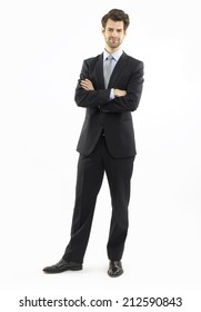 Modern businessman standing against white background. Business people.
