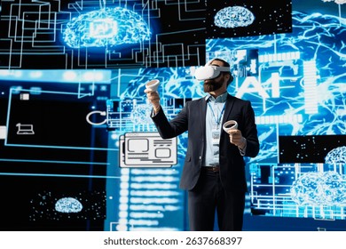 Modern businessman uses virtual reality gadget next to neural network system, using cybernetics and robotics for deep learning concept. Using AI brain automation tools for development.