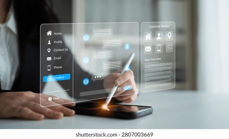 Modern Businessman Using Digital Technology for Communication, Customer Service, and Data Management through Interactive Interface on Smartphone