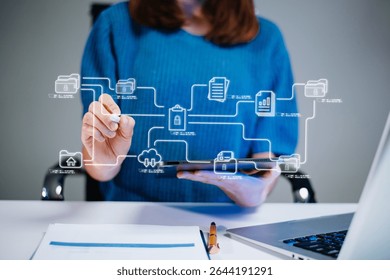 Modern businesswoman using a stylus to interact with digital data flow on tablet. Concept of cloud storage, cybersecurity, innovation, and virtual tech systems.