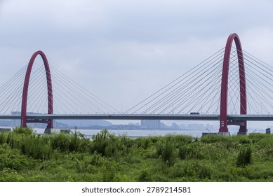 Modern cable-stayed bridge with distinctive red arches spanning across water, surrounded by lush green vegetation and distant cityscape in Hangzhou, China.