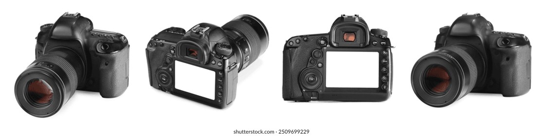 Modern camera with lens on white background, collage. Photographer's equipment - Powered by Shutterstock