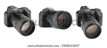 Modern camera on white background, collage. Photographer's equipment