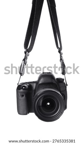 Modern camera with strap isolated on white