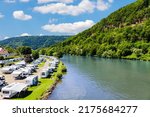 Modern camp site on  river Neckar, Germany. Traveling Europe in a motorhome