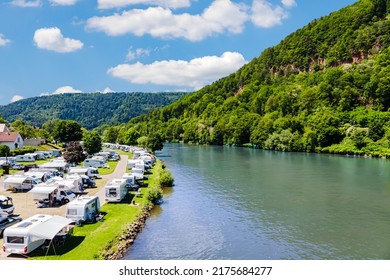 Modern camp site on  river Neckar, Germany. Traveling Europe in a motorhome - Shutterstock ID 2175684277