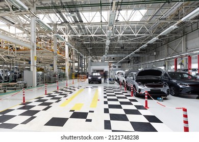 Modern Car Assembly Plant. Auto Industry. Interior Of A High-tech Factory, Modern Production Of Automobiles