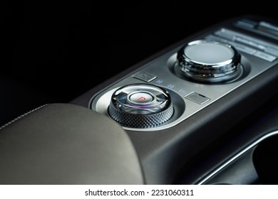 Modern car automatic gearbox. Gearbox control buttons. Gear selector close up.	