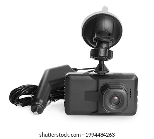 Modern car dashboard camera with suction mount and charger on white background