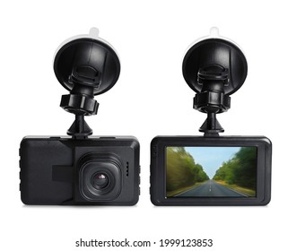 Modern car dashboard cameras on white background in collage, one with photo of road