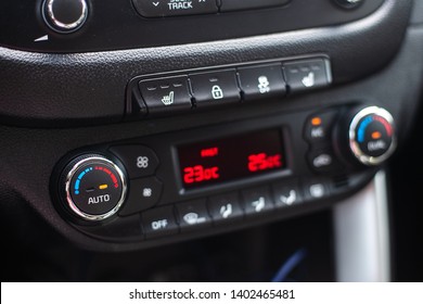 Modern car dashboard. Screen multimedia system. Climate control.