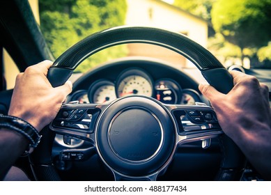 Modern Car Driving. Driver Point Of View. Transportation Theme.