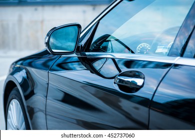 Modern Car Exterior. Driver's Door, Mirror, Dashboard