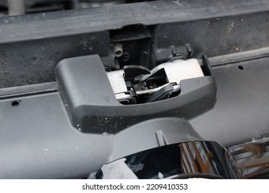 Modern Car Hood Lock. Close Up Engine Bonnet Lock. Modern Vehicle Hood Opening Lock.