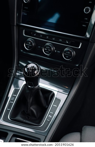 Modern car interior, aluminum, details
controls, leather steering wheel, car
multimedia.