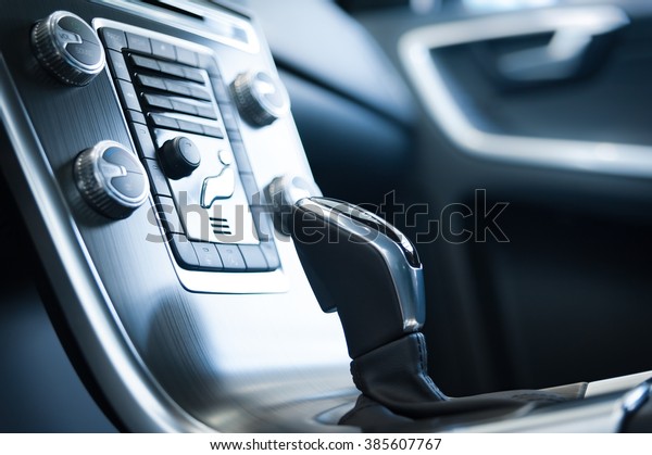 Modern car interior, control panel and transmission\
selector view