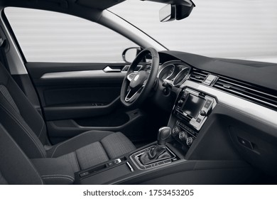 Modern Car Interior, With Dashboard, Fabric Seats And Navigation Screen