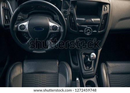 Modern car interior and dashboard and manual gearbox