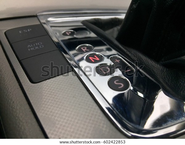 Modern car interior,\
gear stick. Neutral